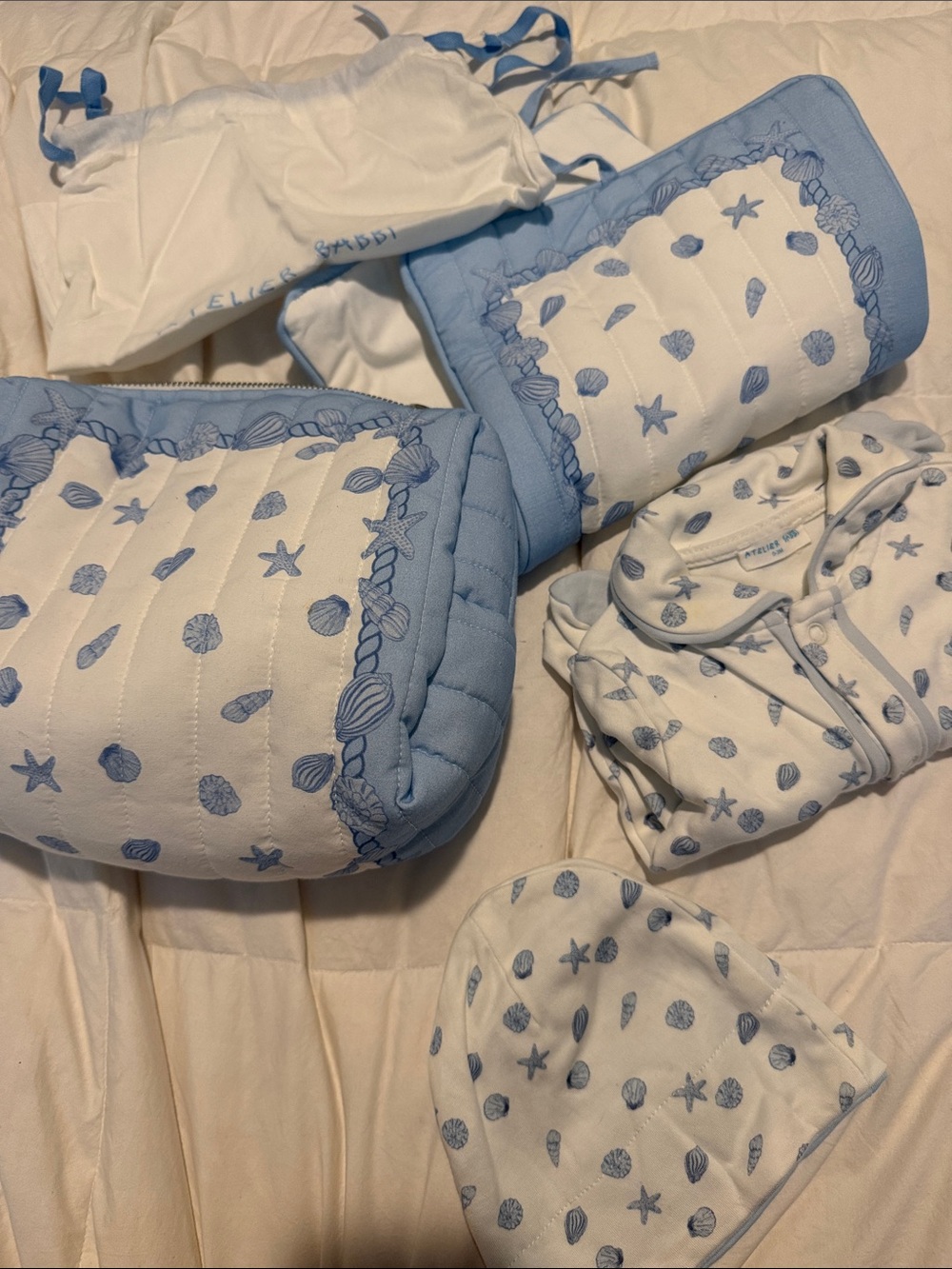 Baby Newborn Kit - Blue Seashell Print Bags, Hat, Onesie